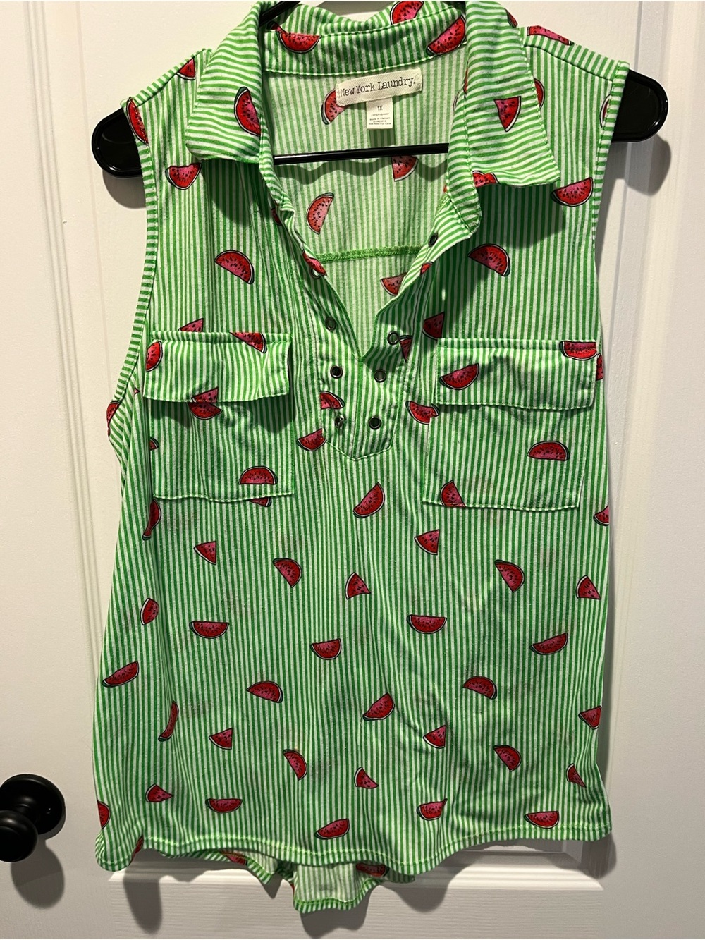 New York & Company Green and Red Watermelon Print Sleeveless Blouse